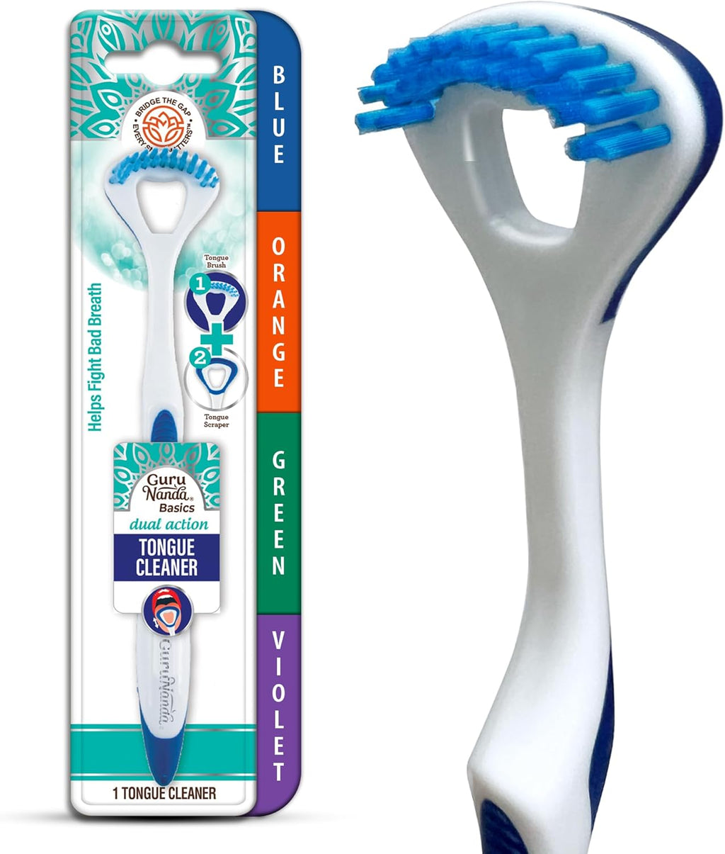 GuruNanda Dual Action Tongue Scraper (1 Pack), 2-in-1 Tongue Scraper & Soft Bristled Brush, Deep Cleans & Fights Bad Breath - Color Varies