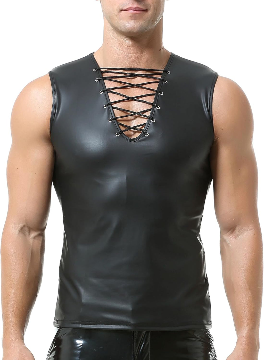 QiaTi Men's Faux Leather Undershirt Wetlook Tank Top Shirt Chest Lace Up Sleeveless Vest Muscle for Men Club