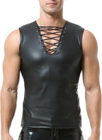 QiaTi Men's Faux Leather Undershirt Wetlook Tank Top Shirt Chest Lace Up Sleeveless Vest Muscle for Men Club