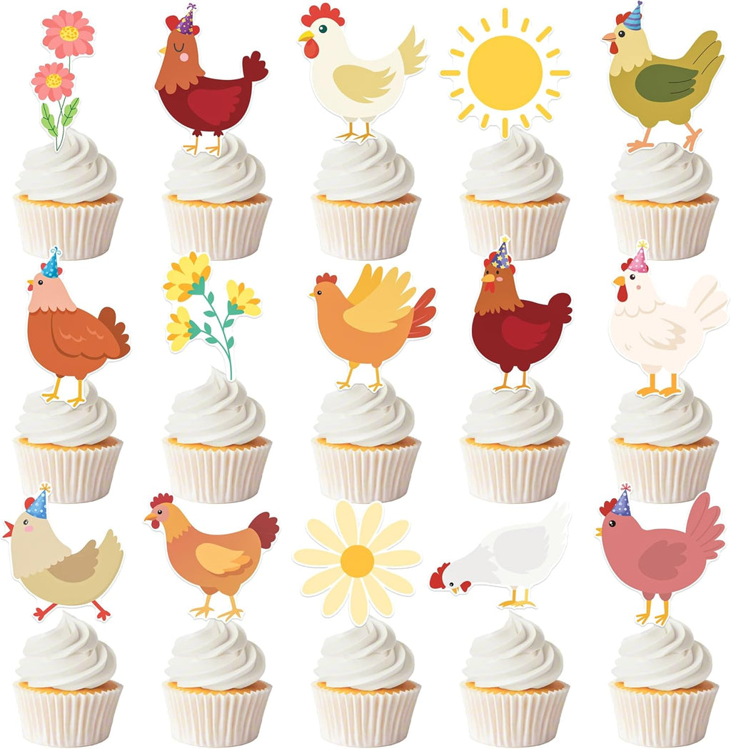 Chicken Cupcake Toppers Floral Daisy Chicken Birthday Decorations Hen and Flower Party Cupcake Picks 24Pcs Little Chick Cake Decorations for Farm Animals Barnyard Baby Shower Supplies