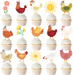 Chicken Cupcake Toppers Floral Daisy Chicken Birthday Decorations Hen and Flower Party Cupcake Picks 24Pcs Little Chick Cake Decorations for Farm Animals Barnyard Baby Shower Supplies