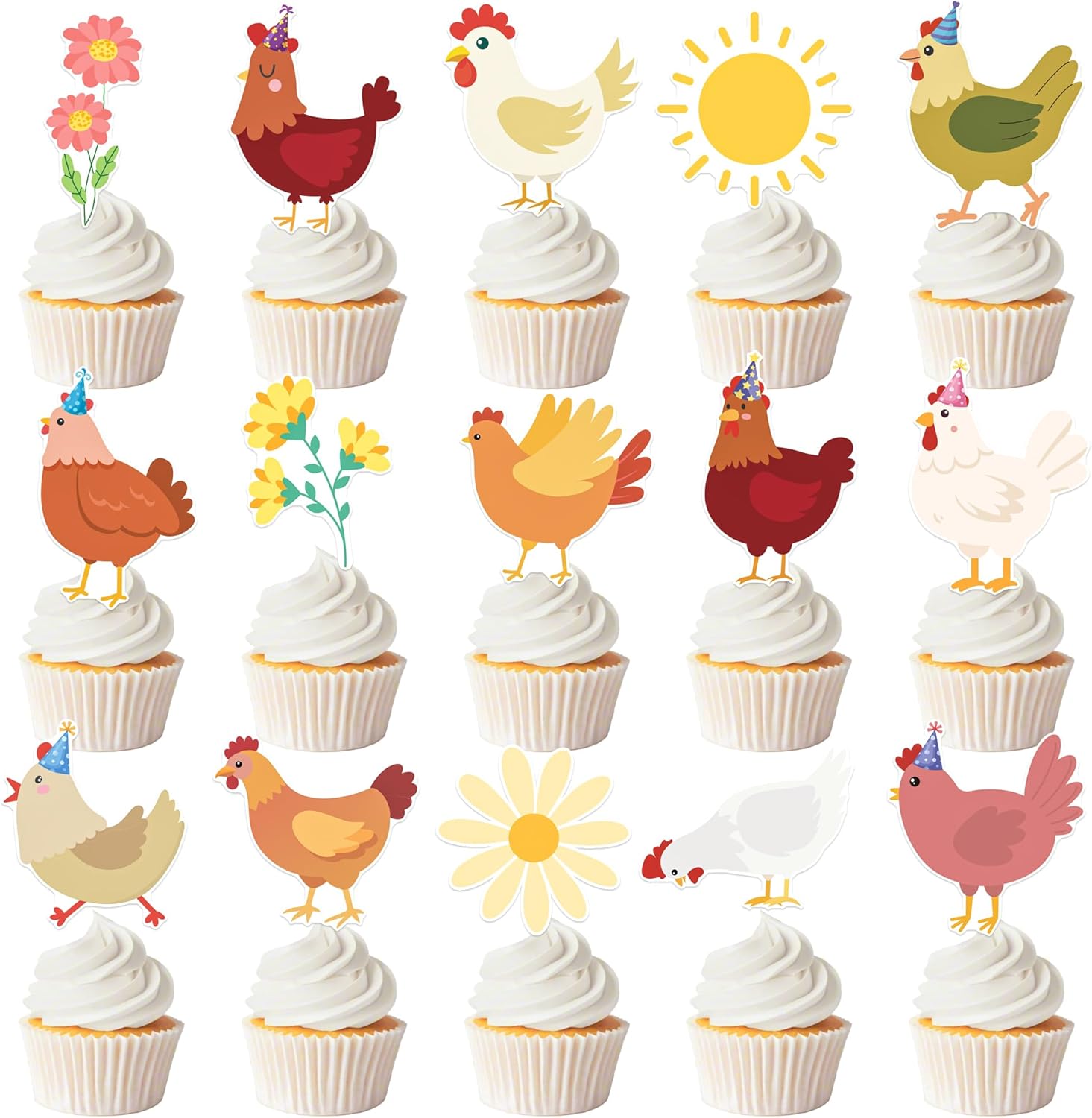 Chicken Cupcake Toppers Floral Daisy Chicken Birthday Decorations Hen and Flower Party Cupcake Picks 24Pcs Little Chick Cake Decorations for Farm Animals Barnyard Baby Shower Supplies