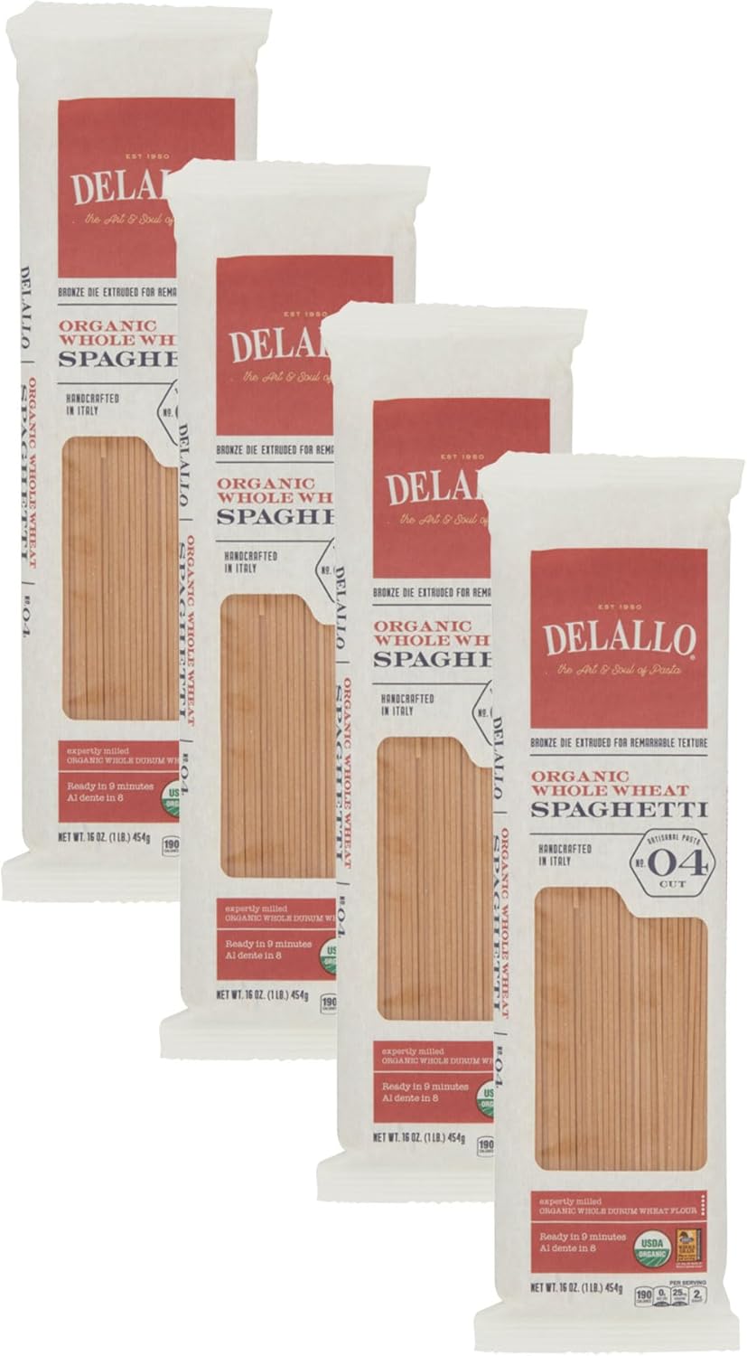 DeLallo Whole Wheat Spaghetti, 1 Pound Bag, 4 Pack, 100% Organic Noodles, Pasta from Italy, Whole Grain, Cooks Al Dente