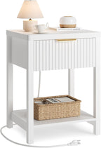 Lulive Modern White Night Stand, Fluted Nightstand with Charging Station, Wood Modern Bedside End Table with Storage Drawer for Bedroom, Save Space (Set of 1, White)