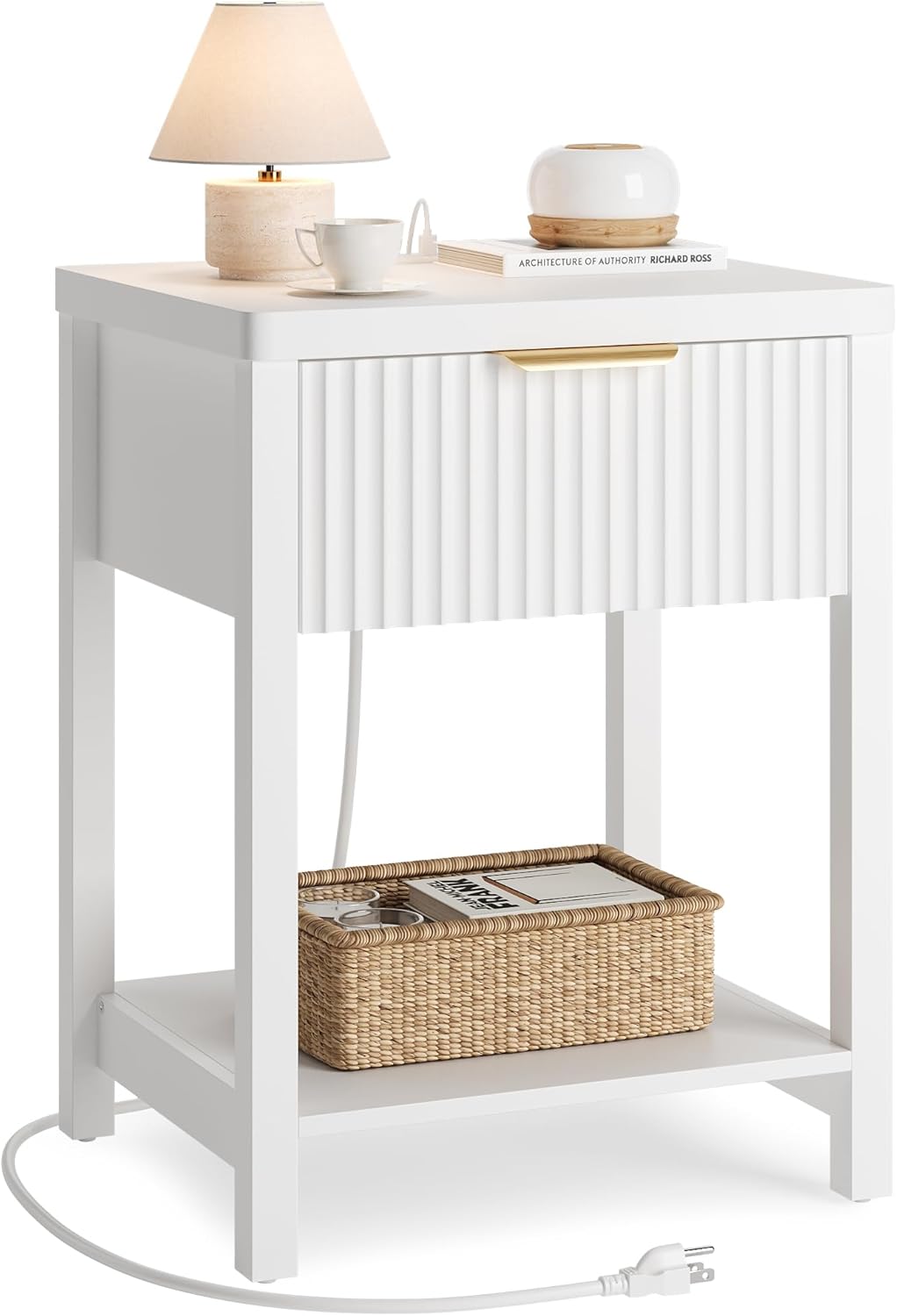 Lulive Modern White Night Stand, Fluted Nightstand with Charging Station, Wood Modern Bedside End Table with Storage Drawer for Bedroom, Save Space (Set of 1, White)