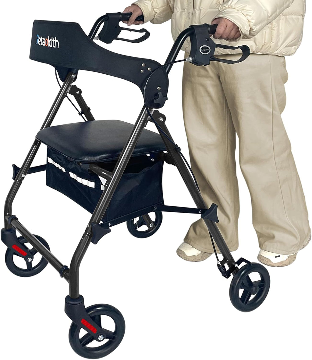 Rollator Walkers for Seniors with Seat, Foldable & One-Hand Carry, Upgraded Rolling Walker with Seat for Seniors, Handles Height Adjustable Rolling Walker for Seniors, Walking & Seated Rest, Black