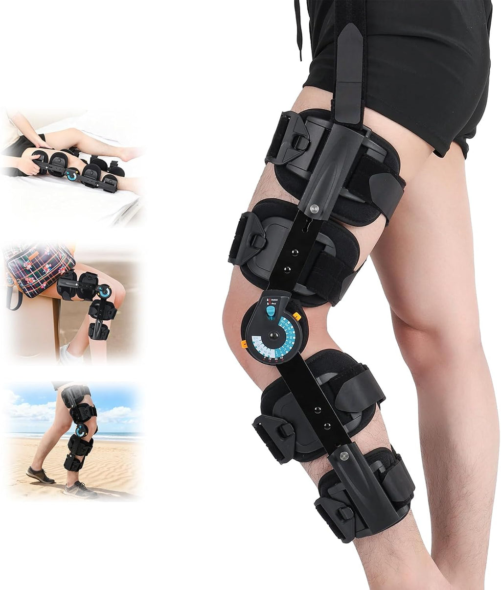GHORTHOUD Hinged ROM Knee Brace with Shoulder Strap Post Op Knee Immobilizer Adjustable Knee Support with Side Stabilizers Medical Knee Orthopedic Support for Men and Women, Left or Right Leg (Blue)