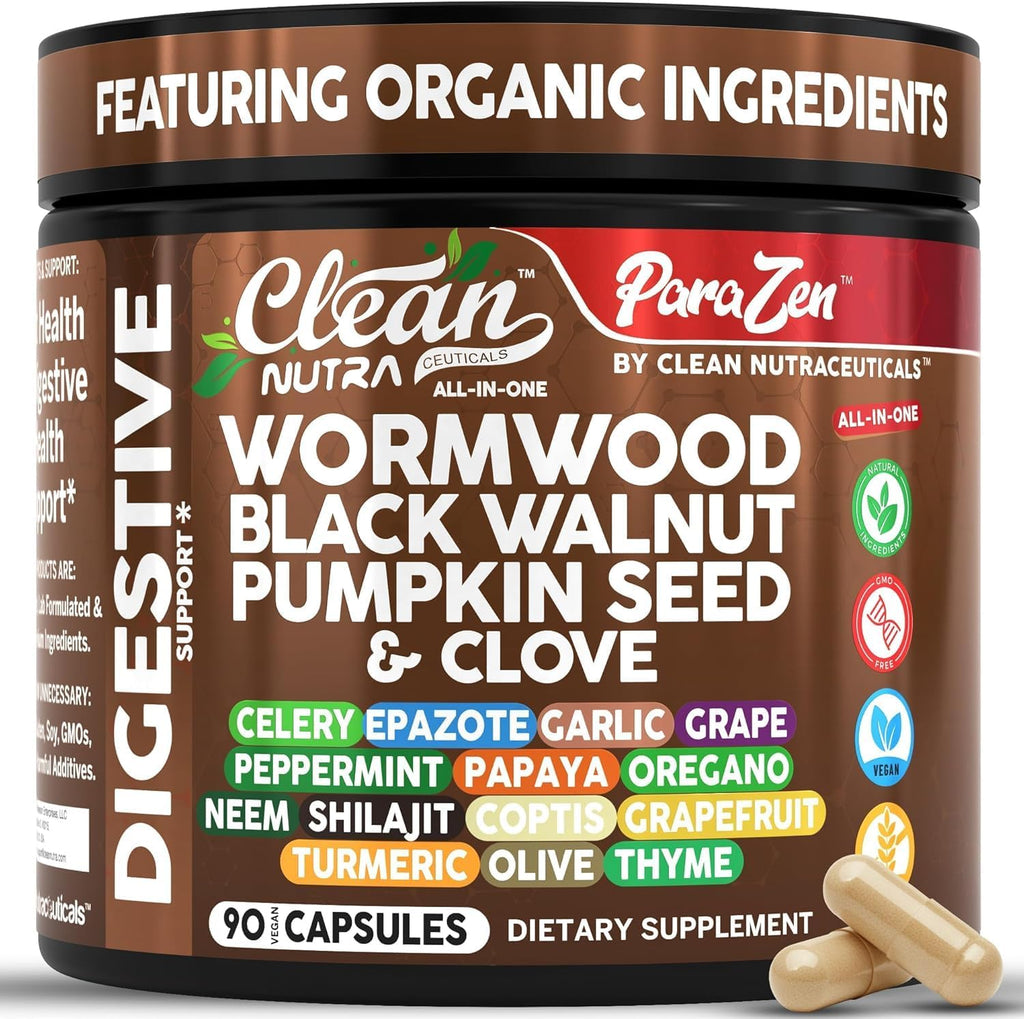 Clean Nutra Wormwood Black Walnut Pumpkin Seed Clove Oil Celery Garlic Grape Papaya Neem Diatomaceous Earth Womens Probiotic Gut Health Cleanse Detox Oregano Olive Turmeric Supplement Vegan Capsules