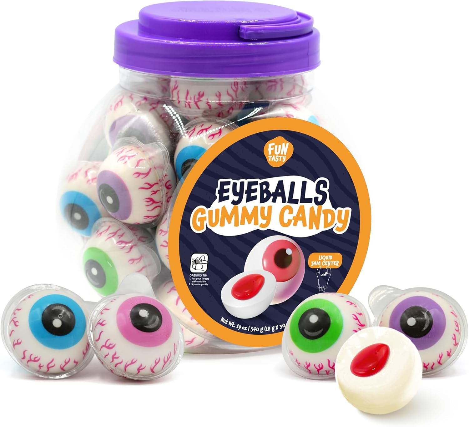 Eyeballs Gummy Candy - 19 Ounce Jar (30 Count) - Strawberry Jam Filled Center - Individually Wrapped Candy - Fun Party Favors - Spooky Gummies by Funtasty