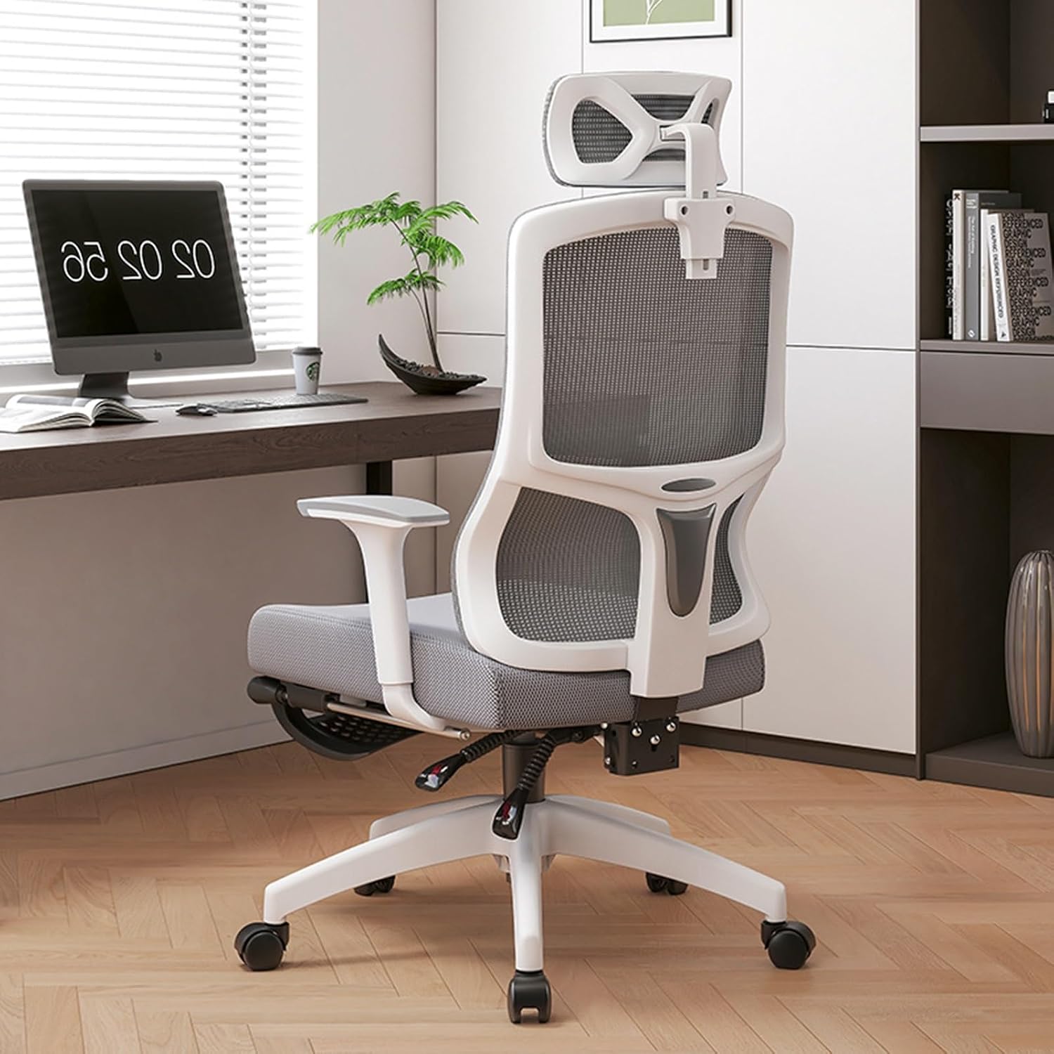 Ergonomic Desk Chair with Retractable Footrest Swivel Chair, 6-Way Adjustable Armrest, Adjustable Headrest, 155° Back Tilt Home Work Gaming Drafting Vanity Use