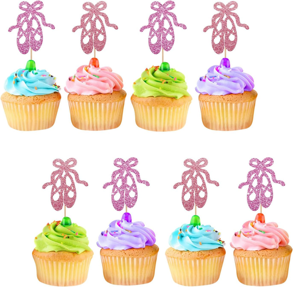 24pcs Ballet Cupcake Toppers, Ballet Shoes Cupcake Toppers, Pink Glitter Ballerina Cake Decoration for Girl, Ballet Themed Baby Shower/Birthday Party Supplies
