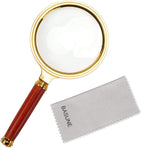 BASUNE 10X Handheld Magnifier, Reading Magnifier Loupe Glasses 10X with Rosewood Handle for Book and Newspaper Reading, Insect and Hobby Observation, Classroom Science (Clear, Plastic Frame)