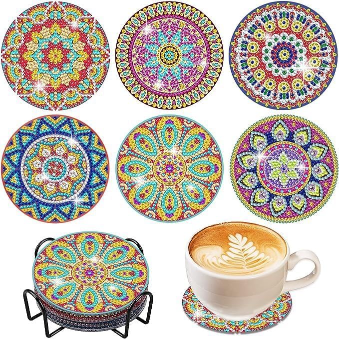 Cute Diamond Mandala Coasters, DIY Acrylic Plastic Diamond Pattern Boho Multicolor Coasters 6 Pack