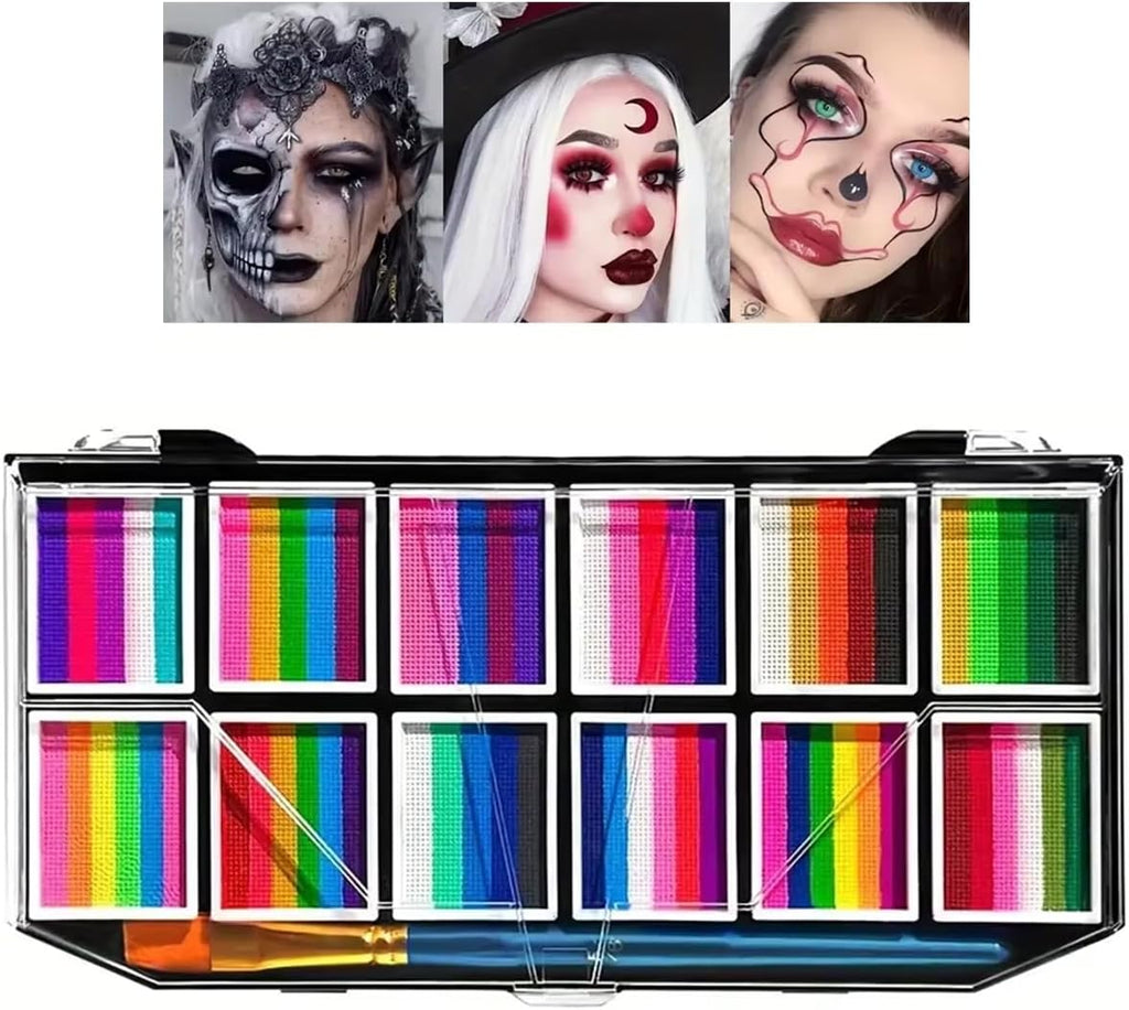 12 Colors Face Body Paint Palette,Split Cake Face Paint Palette FX Makeup, Water Activated Non Toxic Rainbow Body Painting with Brush for Halloween Makeup,Festivals & Events