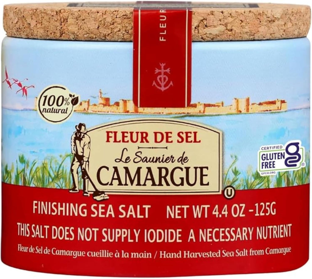 Le Saunier de Camargue Fleur de Sel – French Sea Salt Finishing Salt – Gourmet Hand-Harvested Flaky Salt in Resealable Cork-Topped Container – 125g