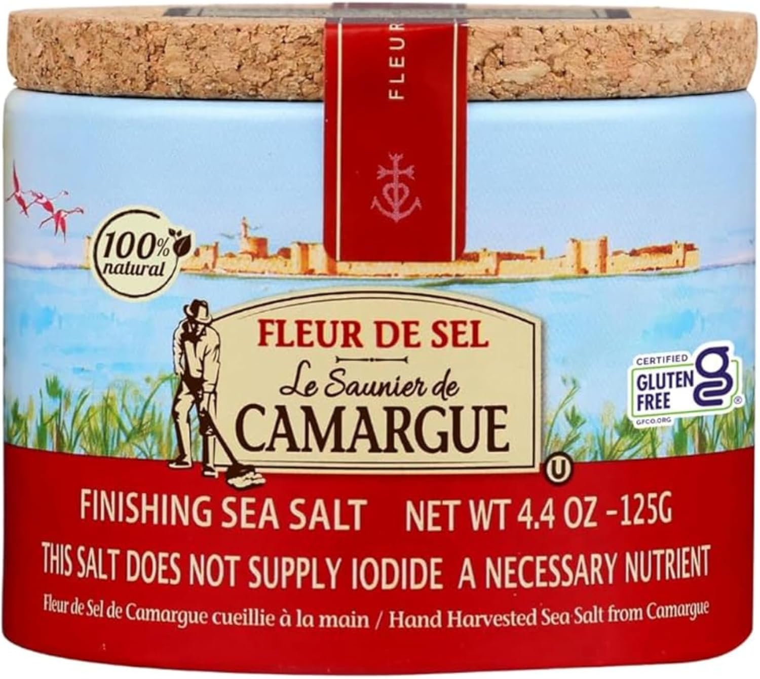 Le Saunier de Camargue Fleur de Sel – French Sea Salt Finishing Salt – Gourmet Hand-Harvested Flaky Salt in Resealable Cork-Topped Container – 125g