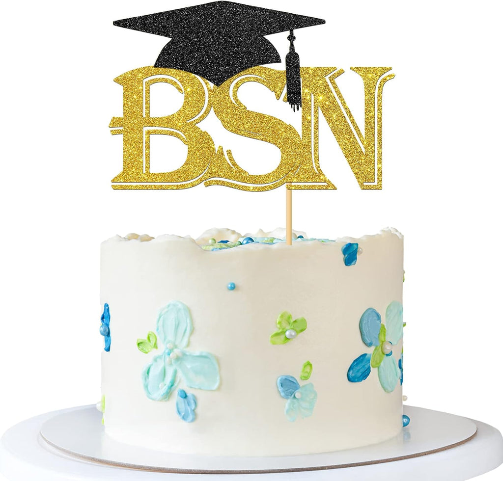 BSN Graduation Cake Topper - Congrats BSN RN Cake Supplies - Nurse Gard Graduation Party Decorations - Gold Glitter