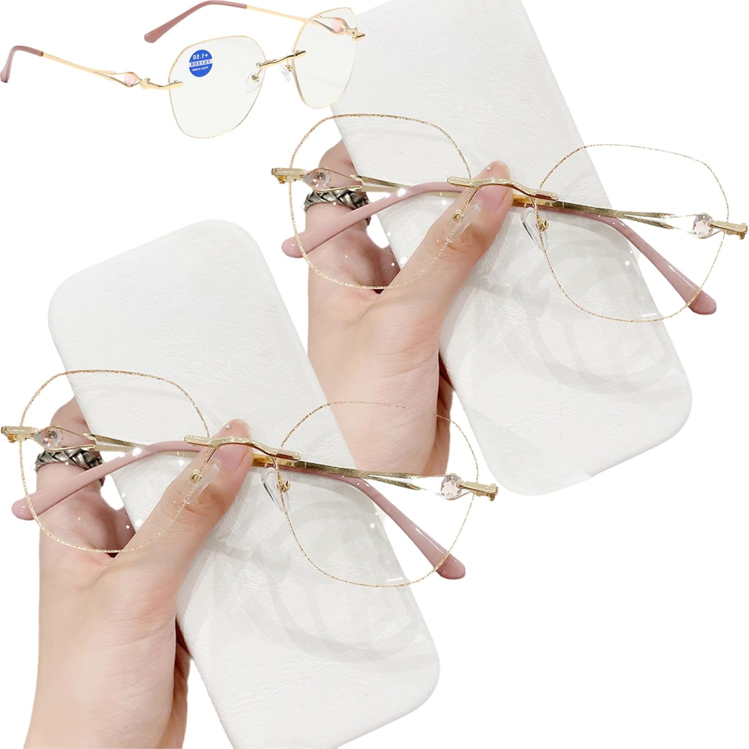 Women's Diamond Rimless Anti-Blue Light Presbyopia Glasses, Sparkling Frameless Reading Glasses with Case