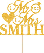 EDSG Personalized Wedding Cake Toppers, MR & MRS Wedding Cake Decorations, Double Sided Glitter Bride and Groom Anniversary Couple Cake Toppers with Any Name Date (Gold)