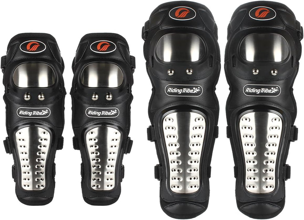 GES Knee Pads Motorcycle - 4Pcs Adults Alloy Steel Motorcycle ATV Motocross Elbow Shin Guards Protector Motocross Racing/Adult Knee (Long)