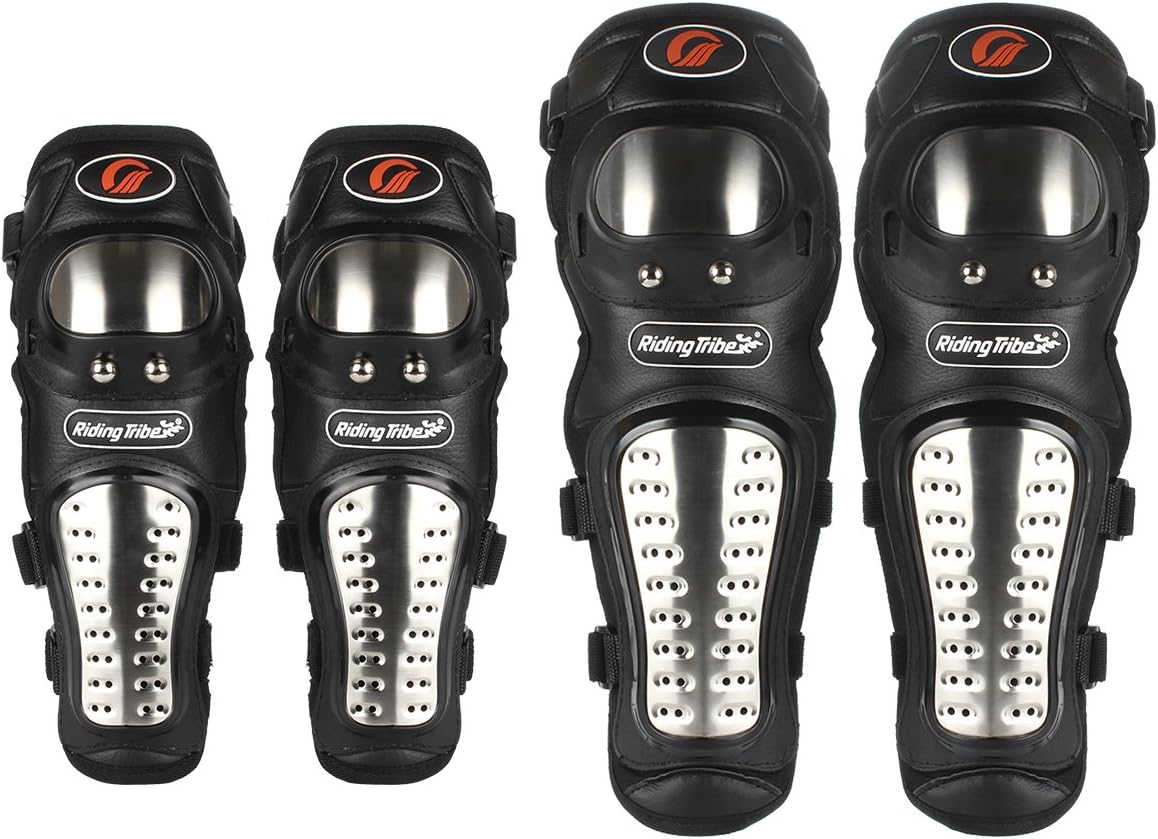 GES Knee Pads Motorcycle - 4Pcs Adults Alloy Steel Motorcycle ATV Motocross Elbow Shin Guards Protector Motocross Racing/Adult Knee (Long)