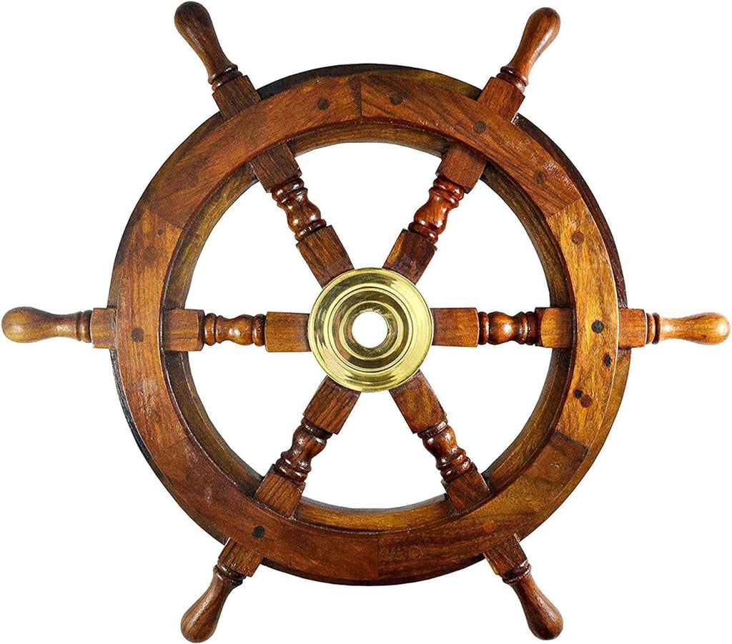 Nautical Sheesham Wood Ship Wheel with Brass Center Home Decoration Gifts (12"), Inch
