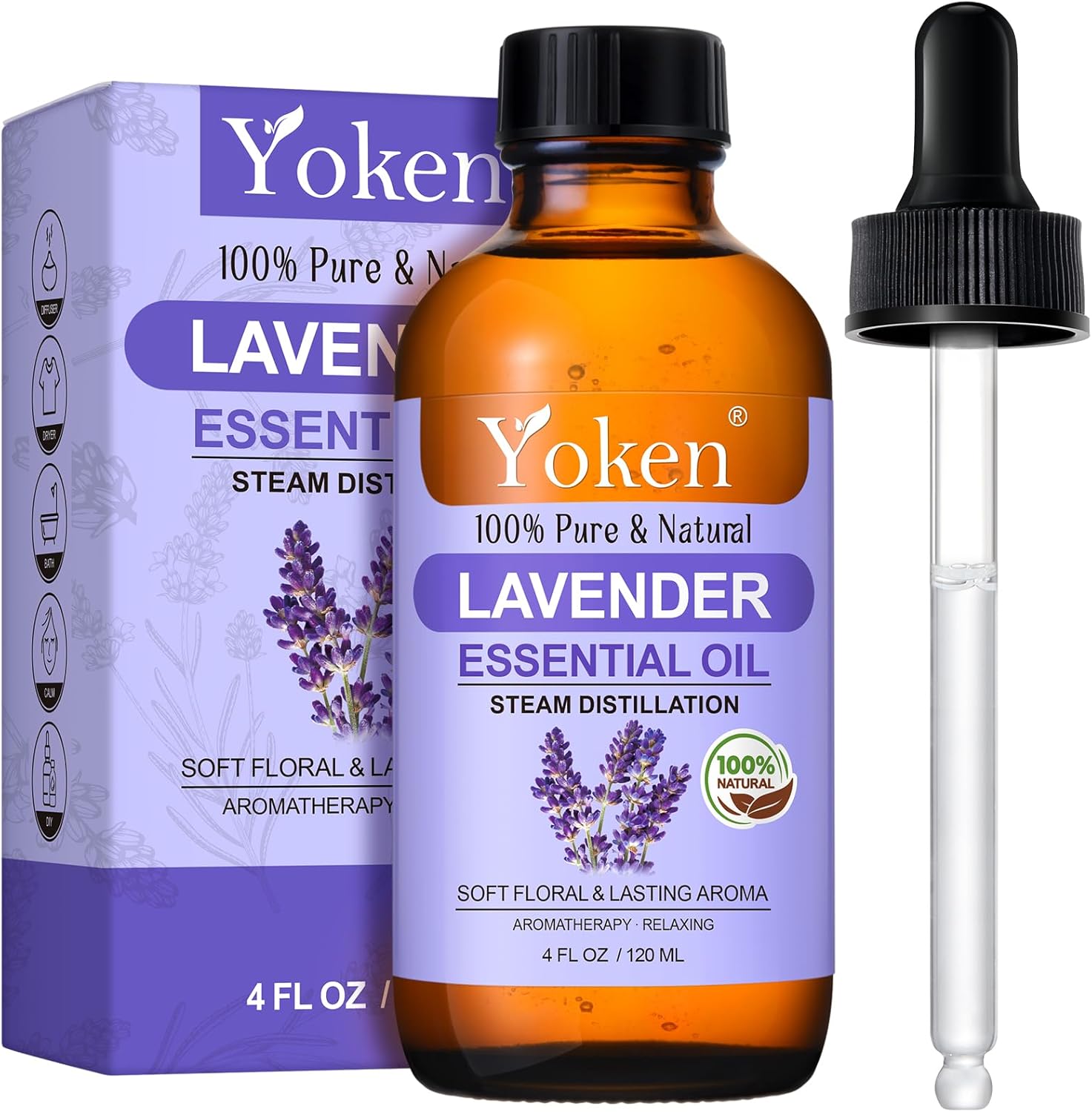 Yoken Lavender Essential Oil, 4 fl oz, Steam Distilled, Concentrated Formula with Soft Balanced Aroma, Without Added Fragrance