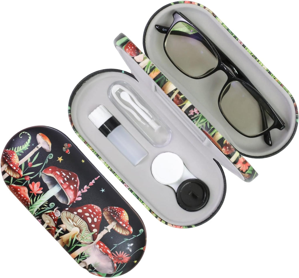 2 in 1 Contact Lens Case and Eyeglasses Case for Women Men Kids, Double Sided Hard Shell Portable Glasses Travel Holder with Built-in Mirror, Contact Lens Box Storage Kit (Black Mushroom)