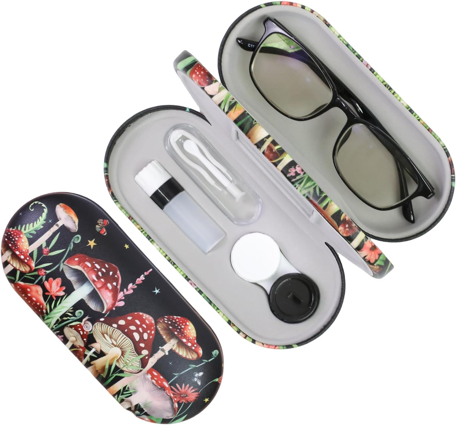 2 in 1 Contact Lens Case and Eyeglasses Case for Women Men Kids, Double Sided Hard Shell Portable Glasses Travel Holder with Built-in Mirror, Contact Lens Box Storage Kit (Black Mushroom)