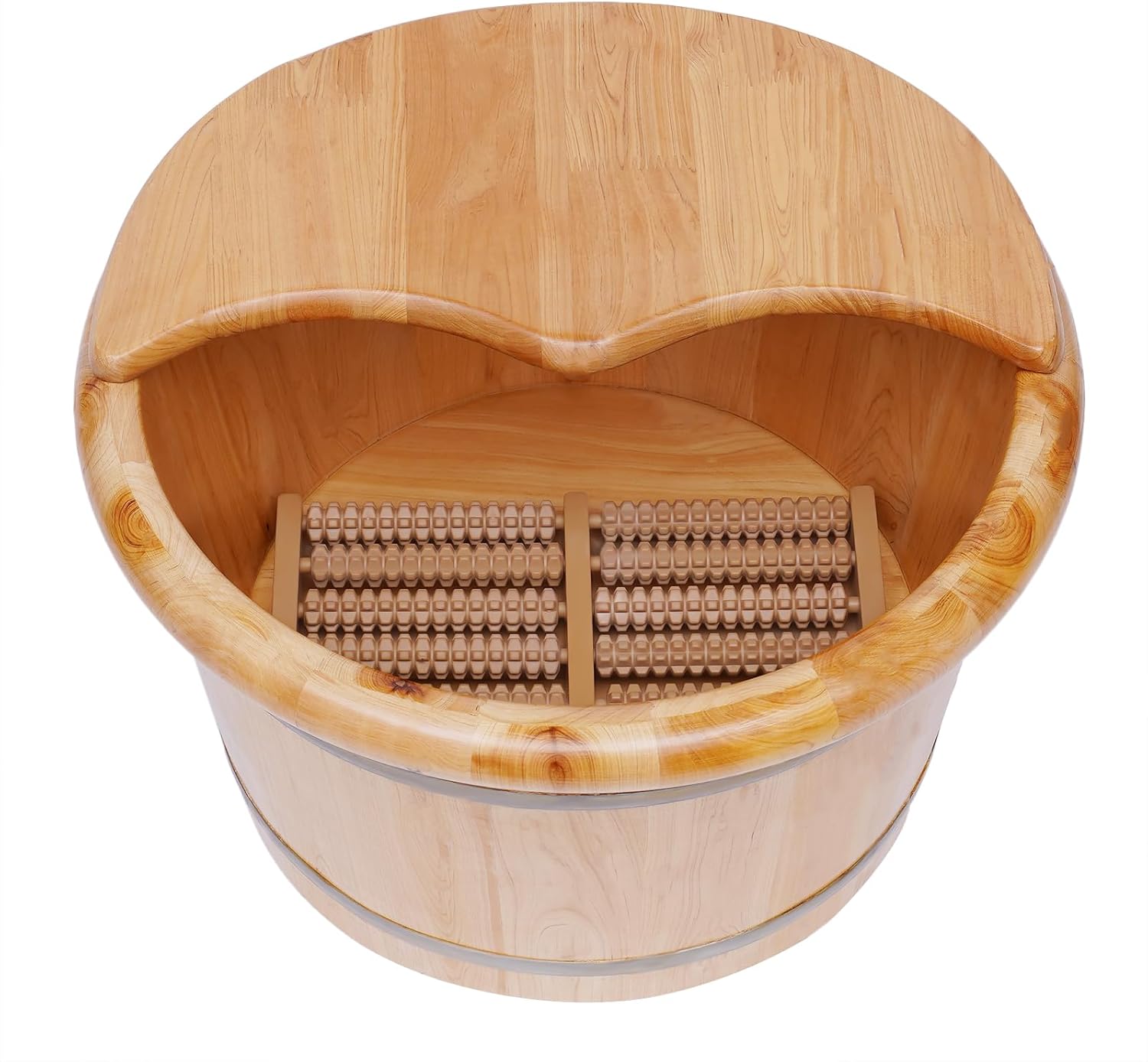 Solid Wood Foot Tub for Soaking, Massage and Relaxation - Wooden Foot Bath Bucket with Massage Roller and Lid, Thicken Feet Spa Barrel Kit