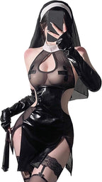 Nun Costume for Women - Gothic Anime Lingerie Cosplay Outfit High Slit, Halloween Maid Dress for Roleplay