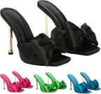 Women's Satin Bow-Knot Sexy Stiletto Dress Sandals Fashion Comfortable Square Open Toe Slip On Super High Heel Party Slides Sandals for Prom Wedding Date