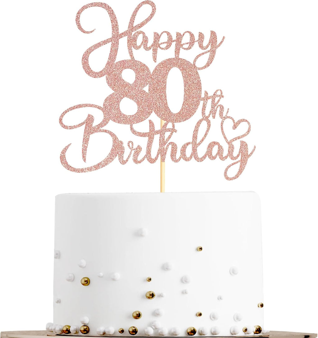 Sotpot 1 Pack 80th Birthday Cake Topper Double-sided Rose Gold Glitter Cake Pick Cake Decoration for Happy 80th Birthday Anniversary Party Decorations
