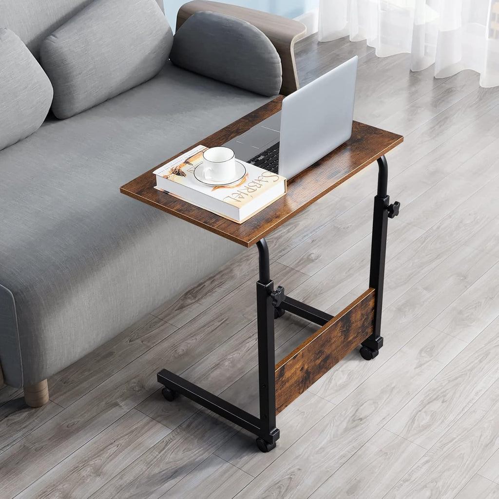 Henf Sofa Side Table with Wheels, Height Adjustable Rolling Coffee Snack Table, Removable C Shaped Table Sofa Side Desk for Living Room Bedroom, Max Load 30 lbs, 23.6’’L x 15.75’’W, Brown