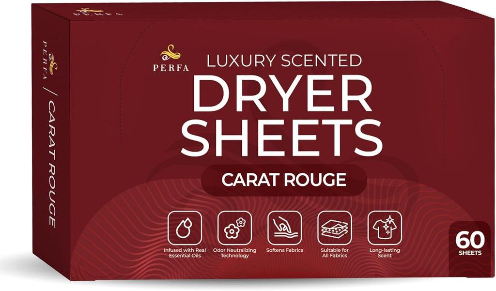 Dryer Sheets – Carat Rouge Scent | Ultra-Soft Essential Oil Dryer Sheet | Long-Lasting Fabric Sheet | 60 PCS Scented Laundry Sheets With Odor Neutralizing Technology by Perfa