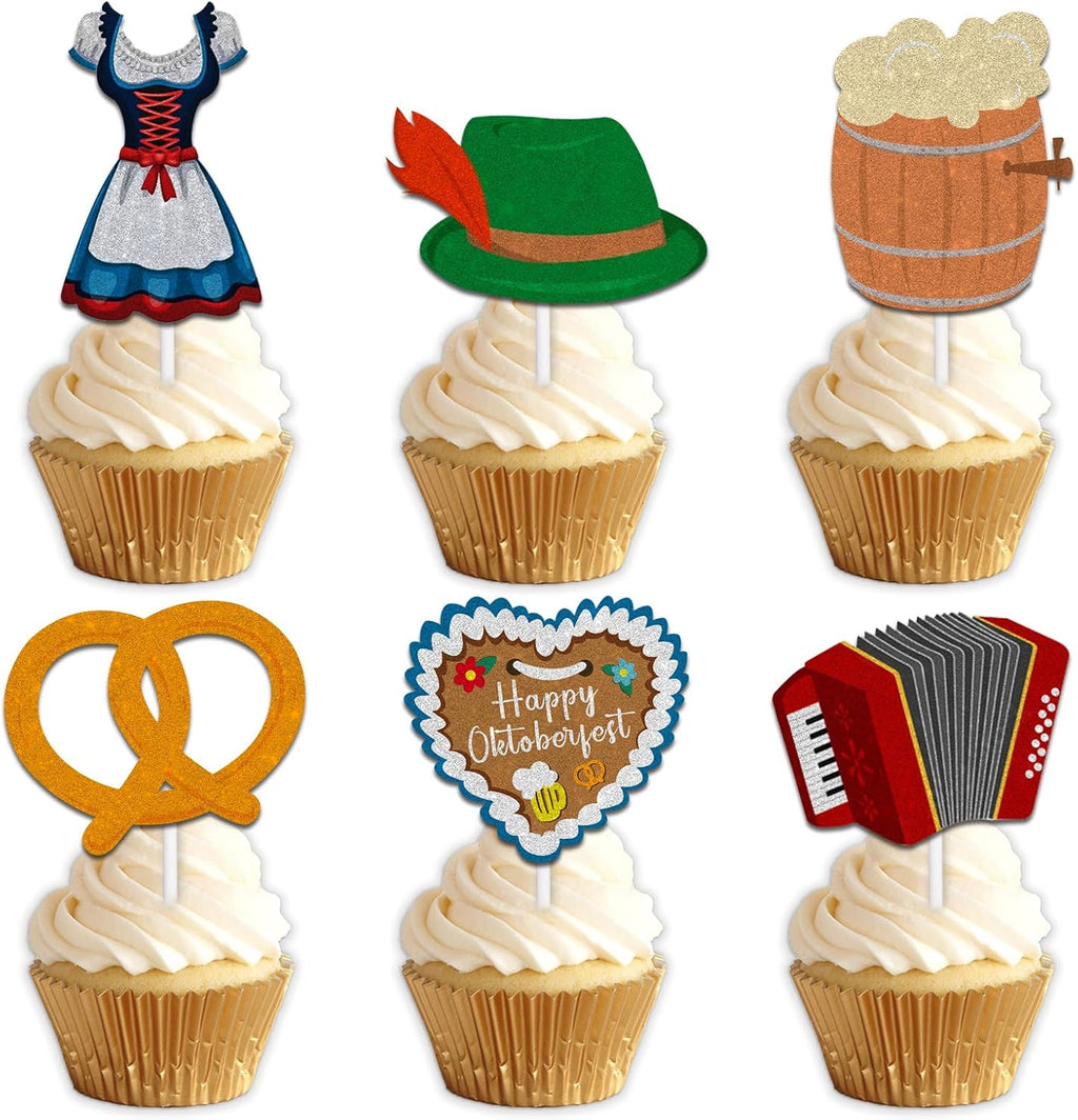 18pcs Glitter Dessert Cupcake Topper Pick for Oktoberfest German Beer Theme Decorations Men Women Happy Birthday Party Decor Supplies