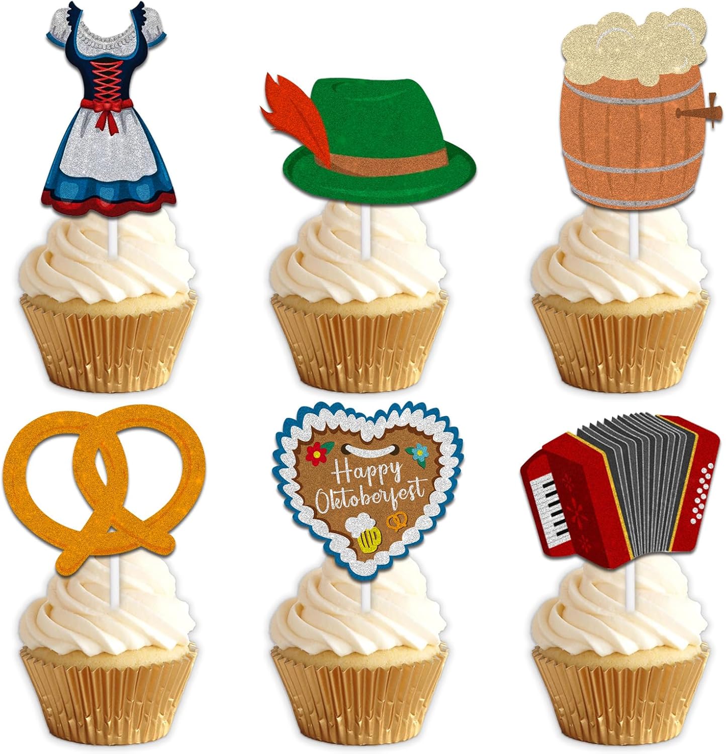 18pcs Glitter Dessert Cupcake Topper Pick for Oktoberfest German Beer Theme Decorations Men Women Happy Birthday Party Decor Supplies