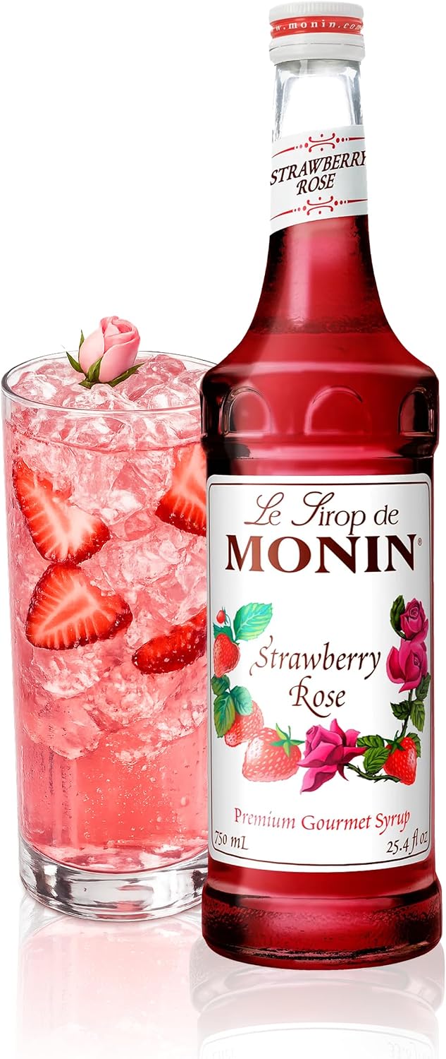 Monin - Strawberry Rose Syrup, Strawberry Rose Flavoring, Flavored Syrup, Coffee Flavoring, Natural Flavoring, Great for Lattes, Teas, Lemonades, Cocktails, & More (750 ml)