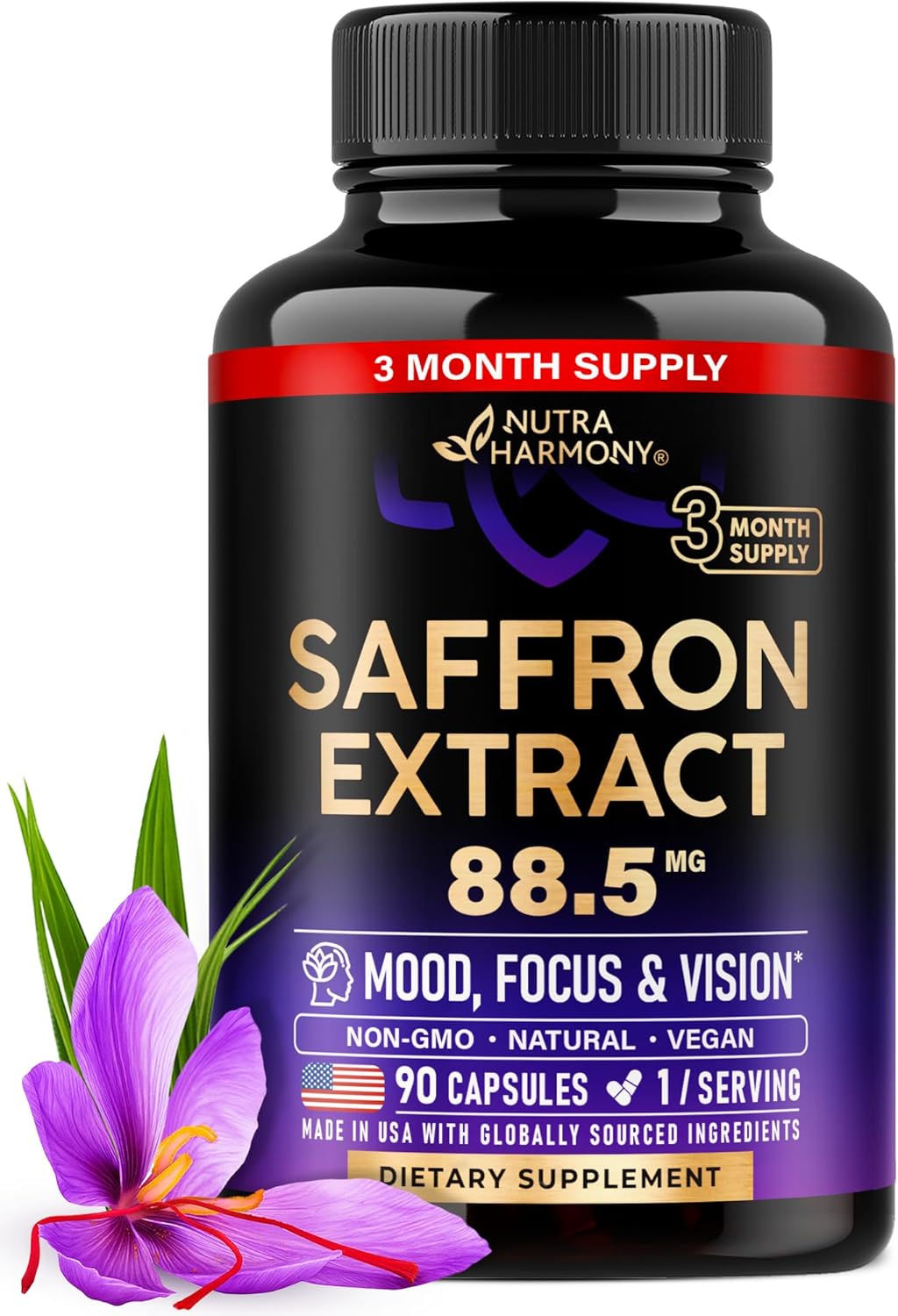Natural Saffron Supplements - Pure Saffron Extract 88.5 mg - Mood | Focus | Vision | Energy Support - Eye Health for Women & Men - Lab Tested - NonGMO Vegan Pills - 90 Powder Capsules, 3 Month Supply