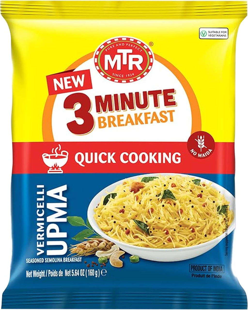 MTR 3minute Seviyan Vermicelli Upma - Ready-to-Cook Mix - Authentic Indian Food in Just 3 Minutes - 100% Vegetarian - No Added Preservatives - Just Add Hot Water - Quick & Easy (Seviyan Vermicelli Upma - 160g, Pack of 6)