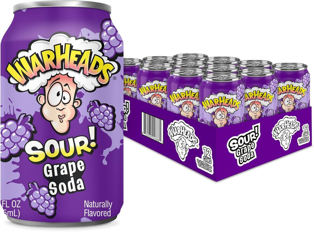 Sour Fruity Soda with Classic Warheads Flavors – Perfectly Balanced Sweet and Sour Soda - Warheads Candy Throwback Treat, Soda, Cocktail Mixer, Pack of 12, 12oz Cans (Grape)