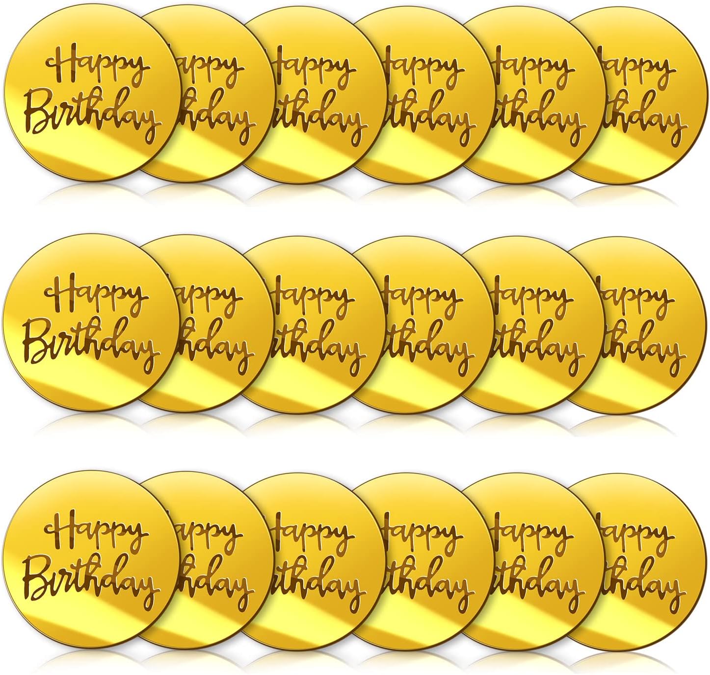 Acrylic Cake Disc, BENBO 18 Pieces Happy Birthday Cake Disc Mirror Acrylic Cupcake Toppers Mini Round Golden Birthday Engraved Topper Charms for Birthday Party DIY Cupcake Decoration