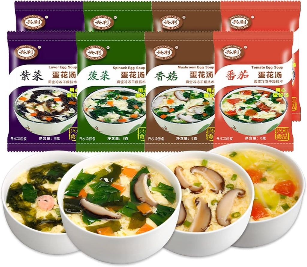 Egg Flower Soup Mix, Vegetable Mix Soup with 4 Flavors (Laver, Spinach, Mushroom, Tomato), 0.3 Ounce (8 Pack)