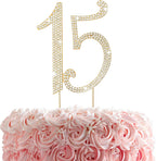 15th Rhinestones Cake Topper, Gold 15th Birthday Cake Decoration, Adult Ceremony or Anniversary Party Decor Ideal Perfect Keepsake