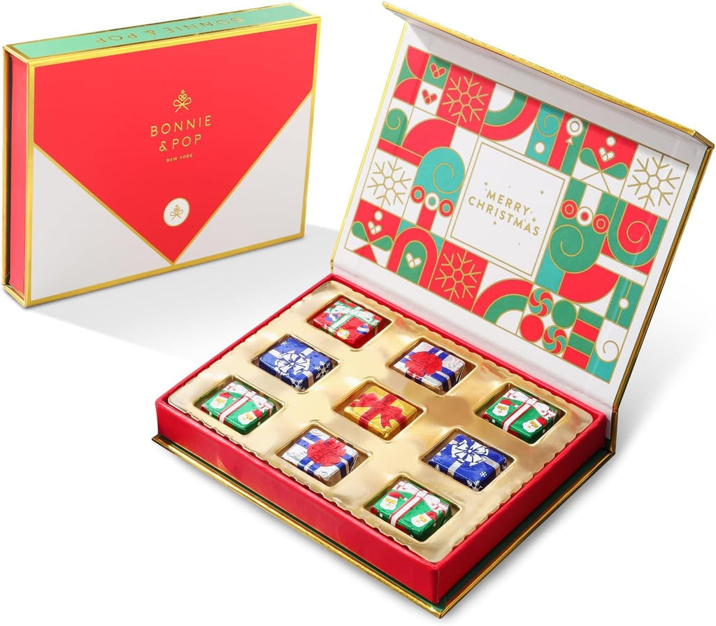 Christmas Card Gift, Holiday Chocolate Card Greeting Box, 9 Individually Wrapped Chocolates, Food Sweets Candy, Stocking Stuffer for Men, Women, Children, Bonnie and Pop