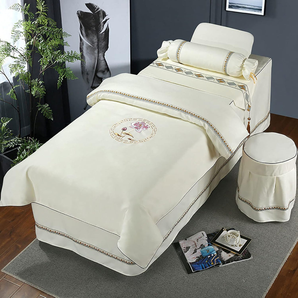 KKLT 4-Piece Microfiber Massage Table Sheet Set,Luxury Spa Beauty Bed Cover Beauty Bedspreads with Hole Quilt Pillow Case and Chair Cover-Beige 185x70cm(73x28inch)