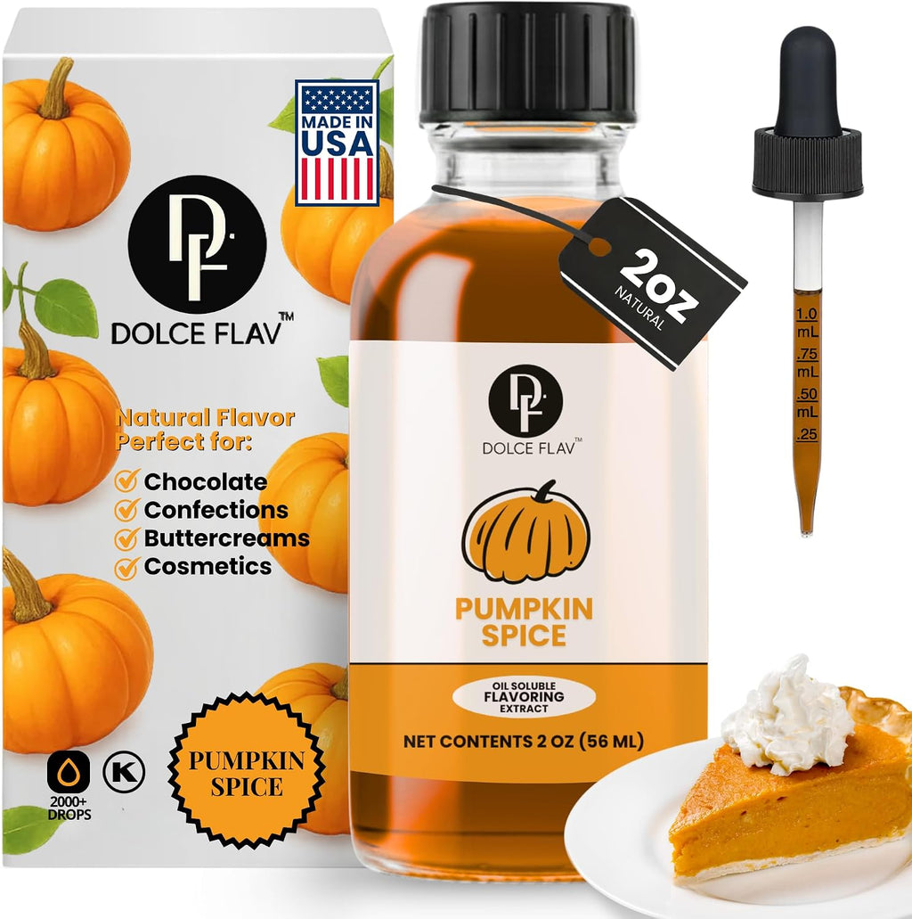 Dolce Flav Natural Pumpkin Spice Extract – 2 Ounce Oil-Soluble Kosher, Sugar-Free, Concentrated Warm Pumpkin Spice Flavoring for Baking, Smoothies & Desserts, Includes Measured Dropper