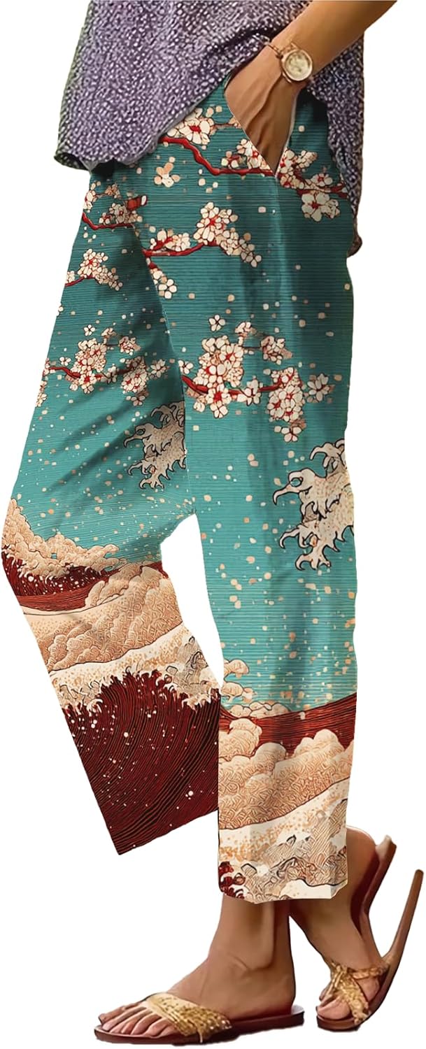 Women's Japanese Art Print Straight Leg Pants High Waist Elastic Baggy Trousers Business Work Casual Pants with Packet