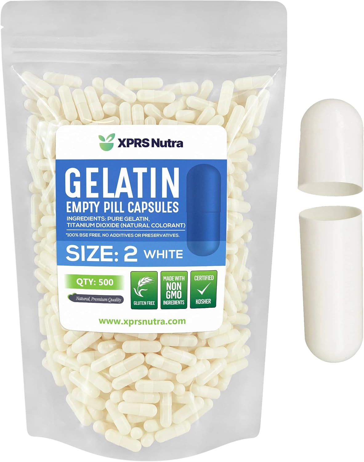 XPRS Nutra Size 2 Empty Capsules - 500 Count Empty Gelatin Capsules - Pills DIY Capsule Filling - Pure Bovine Pill Gel Caps for Do-It-Yourself Supplements (White)