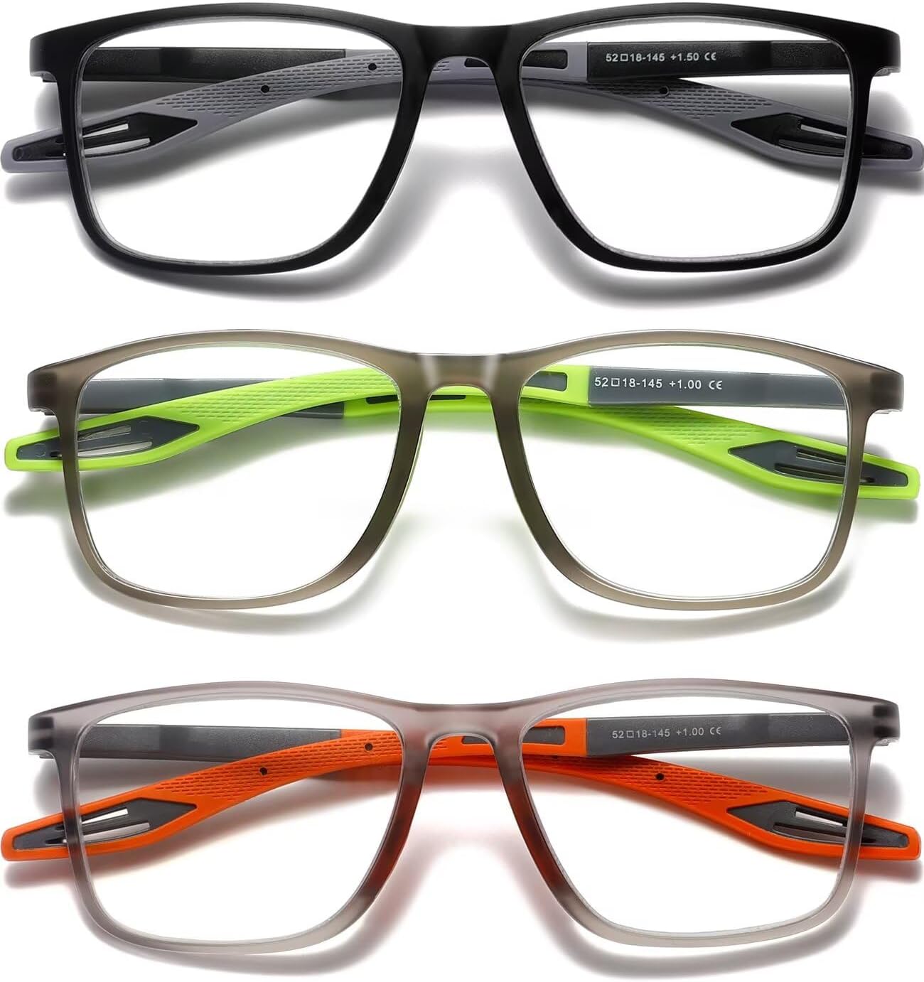 Hubeye TR90 Sports Reading Glasses for Men and Women Ultralight Flexible Anti-Blue Light Readers （Black+Green+Orange，1.0）